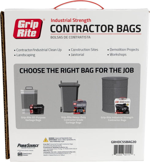 Grip-Rite GRHDC55BAG20 Heavy Duty Black Contractor Bags, 55 Gallon, 38" x 58", 20 Count