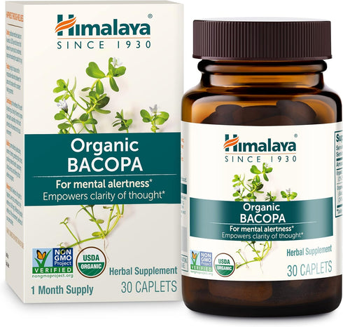 Himalaya Organic Bacopa Monnieri Nootropic Herbal Supplement, 750 mg, 30 Plant-Based Caplets