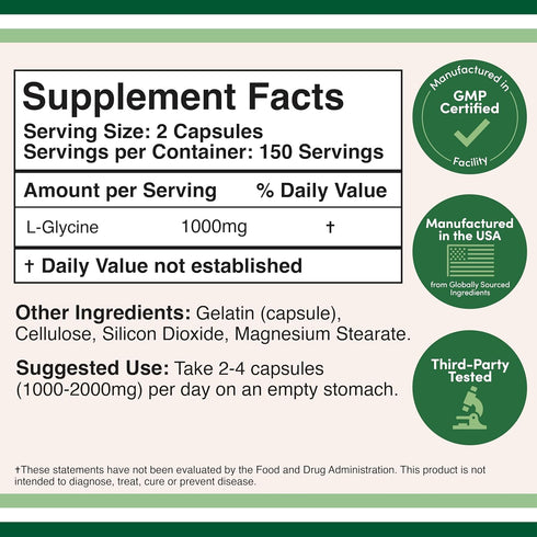 Glycine Supplement - 1,000mg Glycine Powder per Serving (300 Capsules), The Relaxing Amino Acid (Glicina)