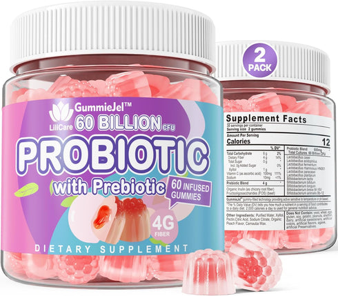 2-Pack Probiotic + Prebiotics Gummies, 60 Billion CFU, Sugar Free, 11 Strains for Women Men Digestive Health and Gut