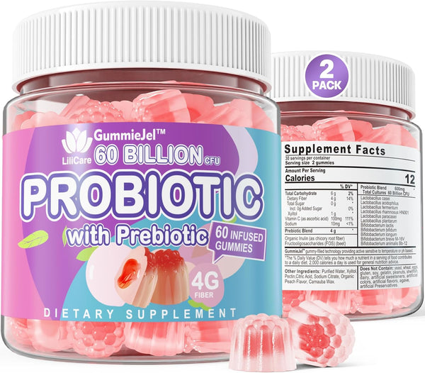 2-Pack Probiotic + Prebiotics Gummies, 60 Billion CFU, Sugar Free, 11 Strains for Women Men Digestive Health and Gut