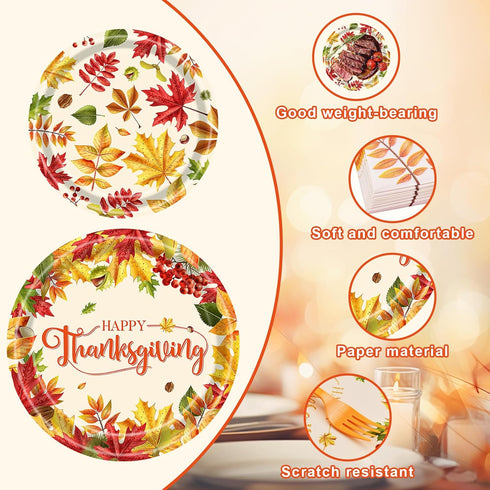 Temicle 96 Set 24 Pieces Fall Leaves Thanksgiving Tableware Autumn-Themed Disposable Party Supplies with Paper Plates