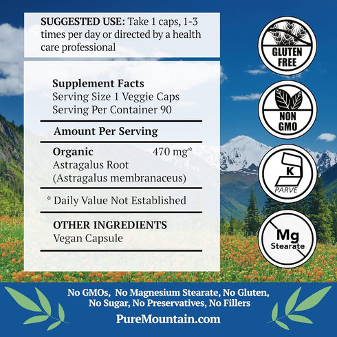 Pure Mountain Botanicals Astragalus Root Capsules, 90 Kosher Vegan Caps, 470mg Organic