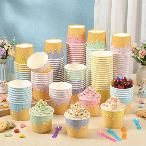 Jingmore 240 Set 4 oz Summer Paper Ice Cream Cups Bulk with Spoons Disposable Sundae Bowls Colorful Paper Dessert Cups