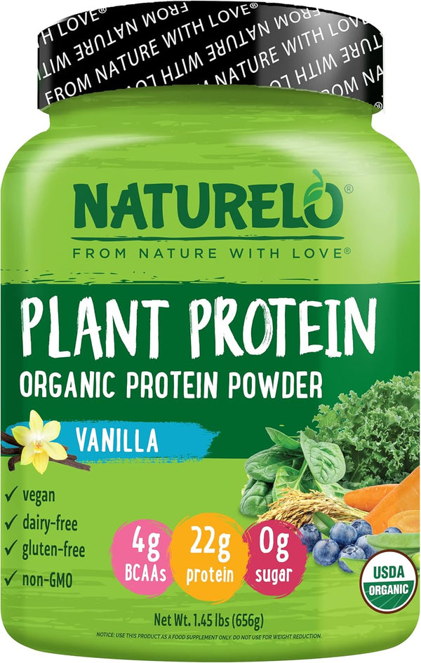 NATURELO Plant Protein Powder, Vanilla, 22g Protein - Non-GMO, Vegan, Gluten, Dairy & Soy Free - 20 Servings