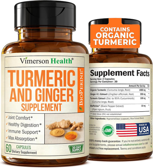 Turmeric Supplement with Ginger Root for Joint & Digestion Support, 60 Caps