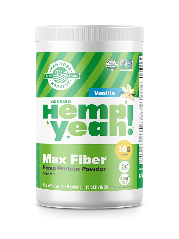 Manitoba Harvest Hemp Yeah! Organic Max Fiber Protein Powder, Vanilla, 16oz; 10g Fiber, 9g Protein, Non-GMO