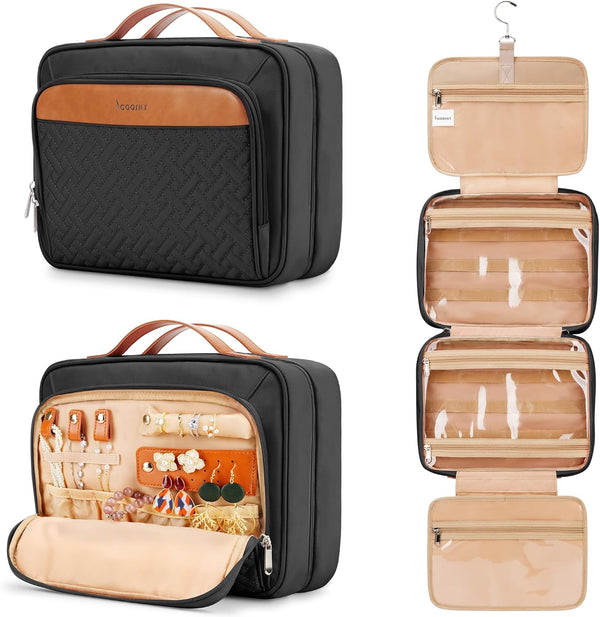 Travel Hanging Toiletry Bag for Women - Medium Waterproof Makeup Accessories Dopp Kit Set with Jewelry Organizer (Black)