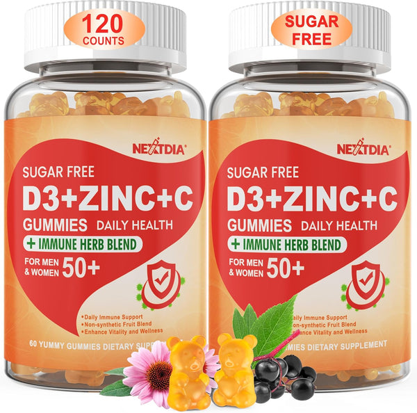 Sugar Free Vitamin C + D3 + Zinc Gummies for Adults 50+, 9 in 1 Immune Defense Supplement with D3 5000IU, Vegan - Pack