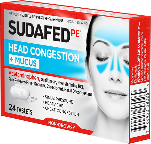 Sudafed PE Head Congestion + Mucus Relief Tablets, 24 ct