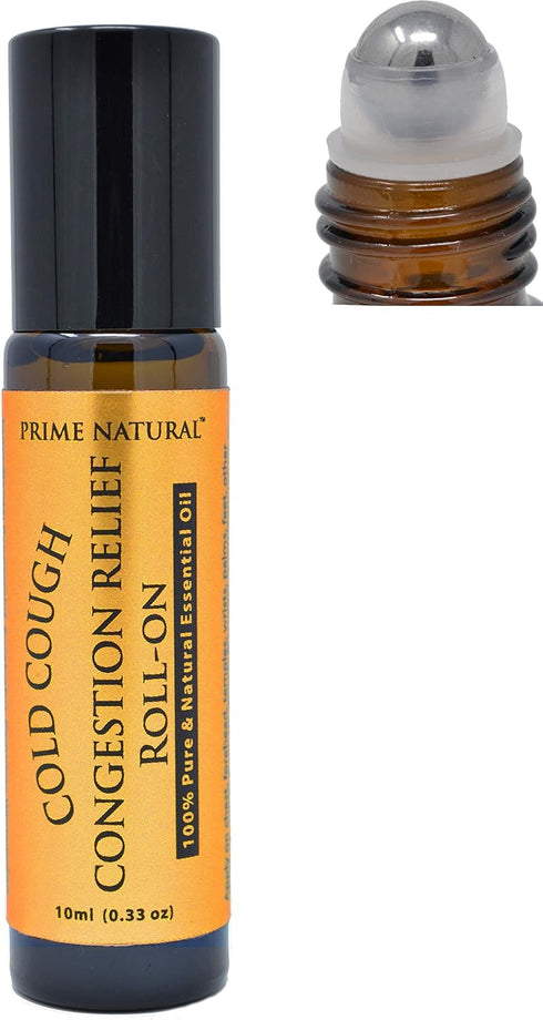 PRIME NATURAL Cold Cough Congestion Relief Essential Oil Roll-On (10ml), Pre-Diluted Roller for Sinus, Headache