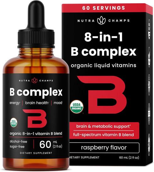 USDA Organic Vitamin B Complex Liquid Drops | B Vitamins Supplement with B1, B2, B3, B6, B7, B9 & Methyl B12