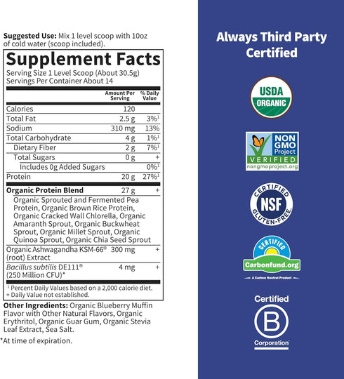 Garden of Life Functional Protein Stress Relief, 20g Organic Protein Blend - Blueberry Muffin, Mood Blend