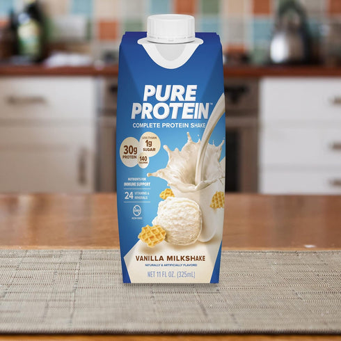 Pure Protein Vanilla Protein Shake, 30g Complete Protein, Vitamins A, C, D, E, and Zinc, 11oz Bottles, 12 Pack