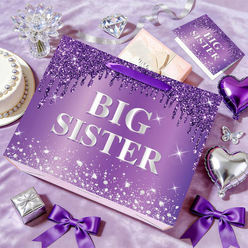 Set 11.8" Purple Big Sister Gift Bag for Girls, Glitters Drip Older Sister Gift Bag with Greeting Card and Tissue Paper