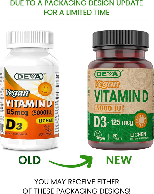 DEVA Sunshine Vitamin D3 5000 IU, 125 mcg Vegan D3, 90-Count Bottle (Pack of 2)