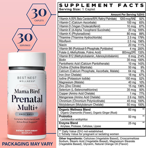 Best Nest Wellness Mama Bird Prenatal Vitamin - Vegan Prenatal Vitamins for Women with Methylfolate (Folic Acid) &