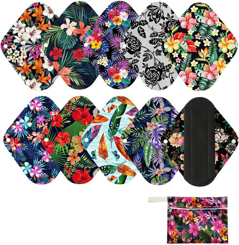 10 Pcs Reusable Menstrual Pad Set, 1Pc Mini Wet Bag + 9Pcs Light Flow Waterproof Mama Cloth Pads