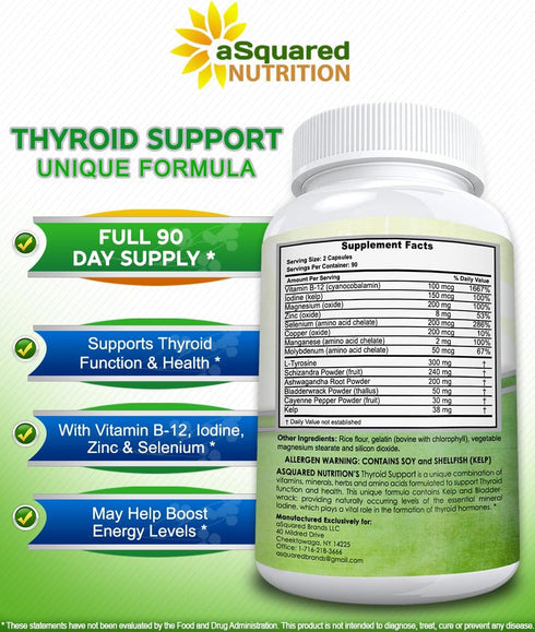 aSquared Nutrition Premium Thyroid Support Supplement with Iodine - 180 Capsules, Herbal & Vitamin Complex