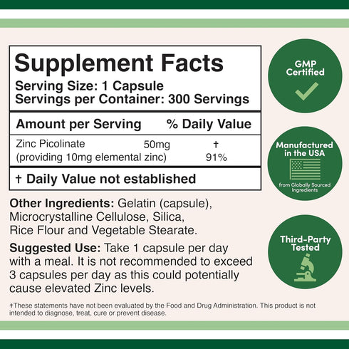 Zinc Picolinate 50mg, 300 Capsules (Immune Support) Non-GMO, Gluten Free (300 Day Supply) by Double Wood Supplements