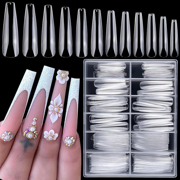 LoveOurHome XL Coffin Acrylic Nail Tips - 240pc Ballerina Shaped Full Cover Artificial Fingernails for Nail Extension