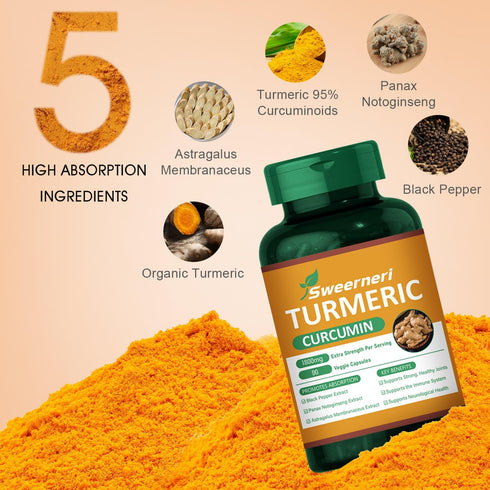 Sweerneri 1800mg 95% Inflammation Immune 90 Turmeric Curcumin with Curcuminoids & Black Pepper High Absorption Formula