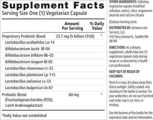 Amazon Basics Probiotic 5 Billion CFU, 60 Count Vegetarian Capsules with 8 Probiotic Strains and 60 mg Prebiotic Blend