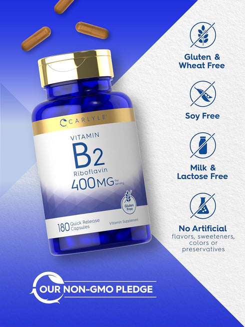 Carlyle Vitamin B-2 400mg | 180 Count | Non-GMO, Gluten Free Supplement | Riboflavin