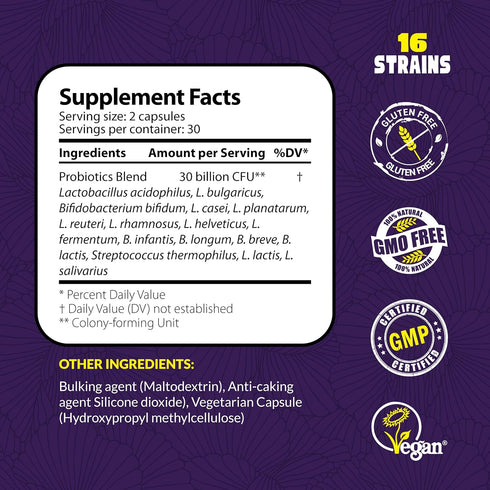 NutriZing Vegan Probiotics for Digestive Health - 30 Billion CFU & 16 Strains, Delayed Release Supplement for Men &