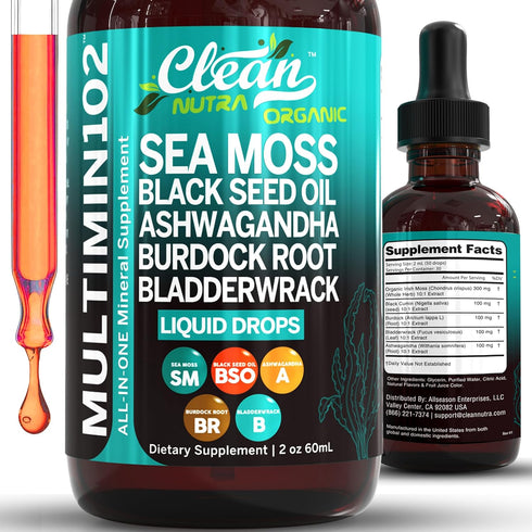 Clean Nutraceuticals Sea Moss Liquid Drops with Black Seed Oil, Ashwagandha, Burdock Root & Bladderwrack - Organic