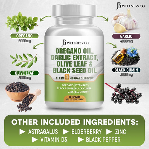JB Wellness Co Immune 120 Count JB Wellness Oregano Oil, Garlic Extract, Olive Leaf, with Astragalus - Support