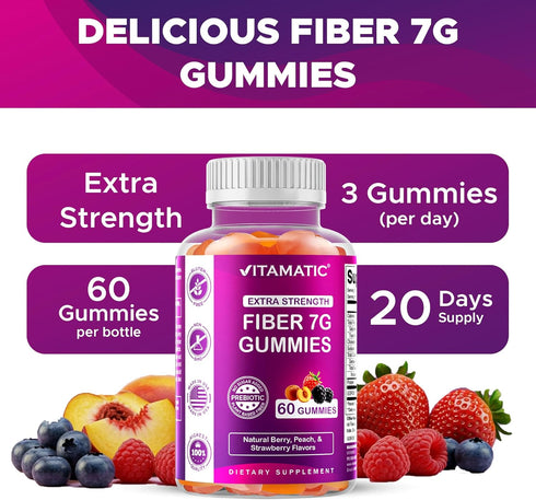 Gummies 7g 60 Count (2 Pack) Vitamatic Prebiotic Fiber for Digestive Health & Regularity, Extra Strength, Fiber per