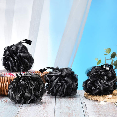 Yoget Bath Loofah Sponge, 4 Pack Black 60G Shower Mesh Ball Soft Pouf Body Scrubber for Exfoliating Skin