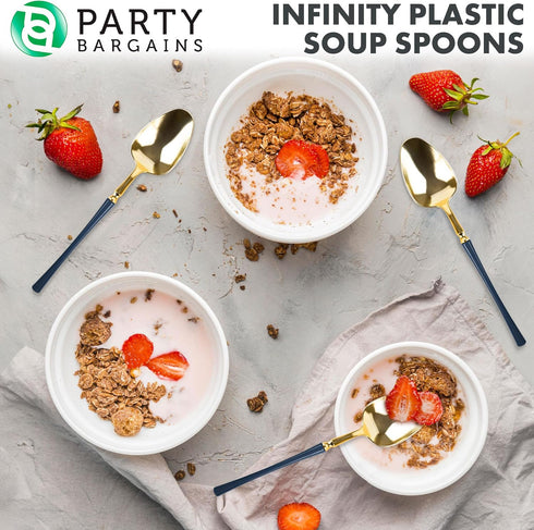Party Bargains 40 Pack Disposable Plastic Navy Gold Soup Spoons, Infinity Modern Design Utensils