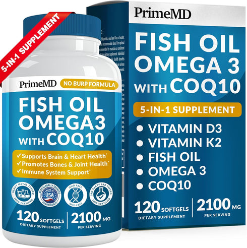 5-in-1 Fish Oil Omega 3 Supplements, Vitamins D3 & K2, CoQ10, 2100mg Per Serving, 120ct