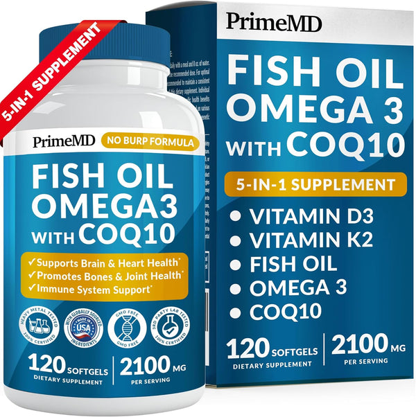 5-in-1 Fish Oil Omega 3 Supplements, Vitamins D3 & K2, CoQ10, 2100mg Per Serving, 120ct