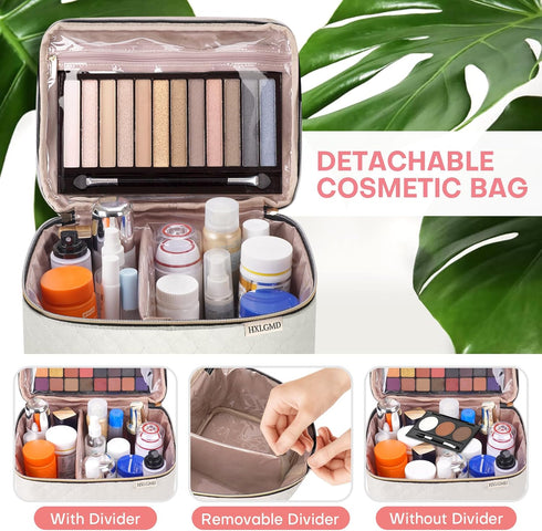 Large Makeup Bag with Mirror, Double Layer Travel Organizer Case, Large Capacity with Brush Slot Divider