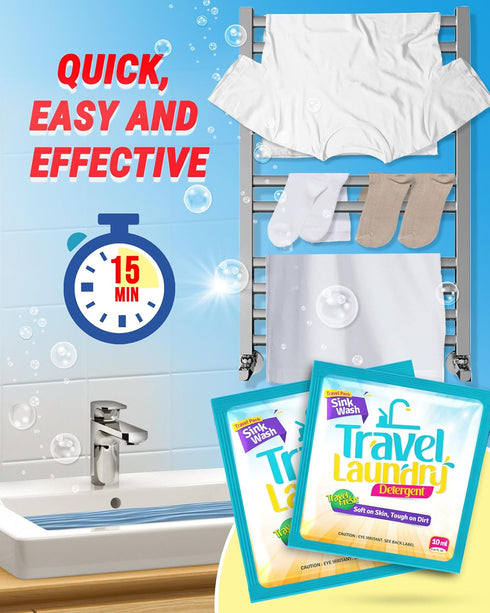 Skywin Travel Laundry Detergent 10 ml - 8 Pack, Effective Travel Detergent Packets for Sink Washing, Lightweight