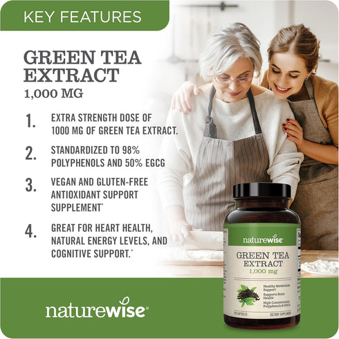 NatureWise Green Tea Extract Capsules, 1000 mg, 120 Capsules, 50% EGCG, Vegan, Gluten Free