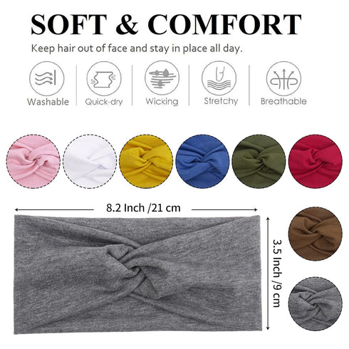 Tobeffect Headbands for Women, Non Slip Turban Headband, Boho Wide Hair Wraps Accessories, 8 Pack Solid Colors