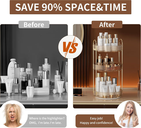 YCIA&DONE 360 Rotating Makeup Organizer - 3 Tiers High Capacity Cosmetic Skincare Perfume Storage for Vanity, Amber Gold