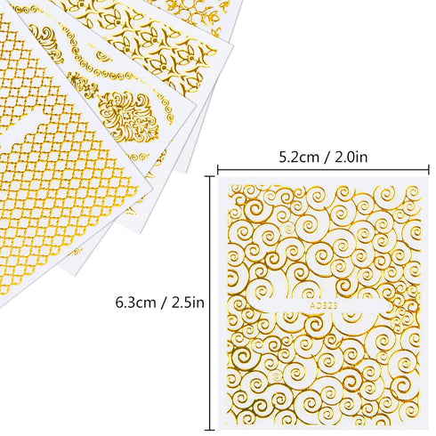 KISSBUTY Metallic Flowers & Vine Nail Decals, 20 Sheets 3D Flower Lace Adhesive Stickers, Gold Floral Nail Decor