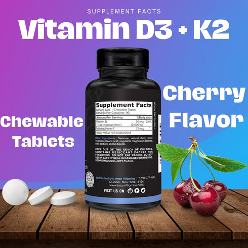 Halal Vitamin D3 with K2 Chewable Tablets, 90 Count, Vitamin D 2000 iu + Menaquinone-7 (MK7), Supports Heart Health,