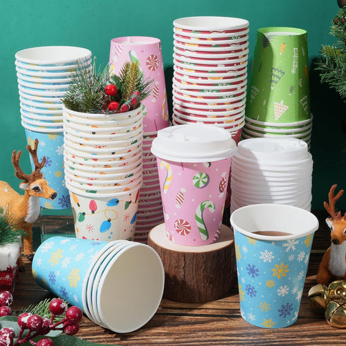 Pascliyna 100 Set 12oz, 5 Christmas Coffee Paper Cups with Lids Bulk Disposable Colorful Party Cups, Styles Xmas