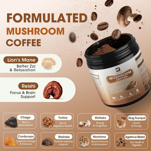 Mushroom Coffee - Lions Mane Mushroom Powder Instant Coffee with Lion's Mane, Reishi, Chaga, Cordyceps, and Turkey Tail