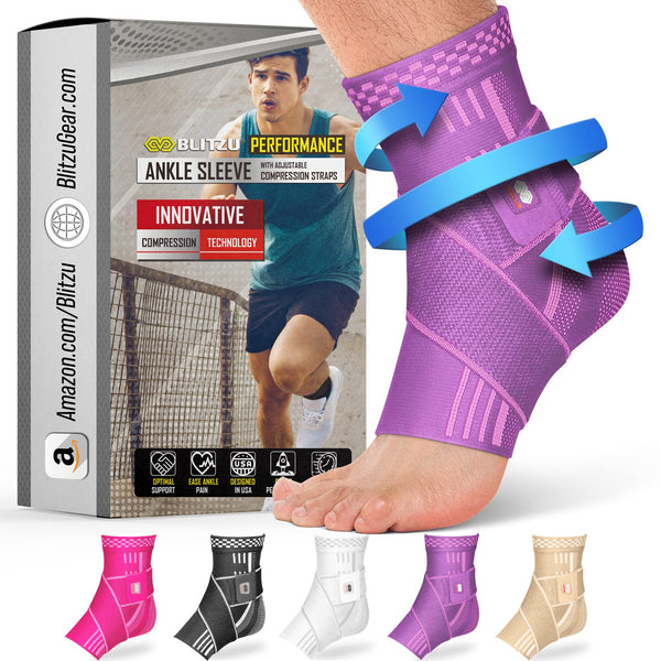 BLITZU Ankle Brace with Adjustable Compression Support Strap for Achilles Tendonitis, Joint Pain Relief