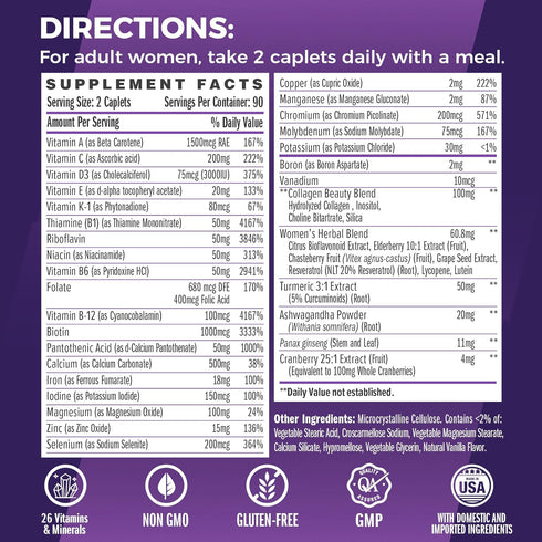 Vitamin World Ultra 360 Multivitamin for Women, with Herbs & Collagen for Hair, Skin & Nails, 180 Caplets
