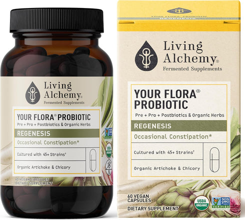 Living Alchemy Gut Health Supplements, Your Flora Probiotic Regenesis with Prebiotics, Digestive Enzyme, Vegan