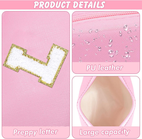 Initial Makeup Bag for Women, Travel Small PU Leather Cosmetic Bag, Cute Pink Personalized Preppy Chenille Pouch