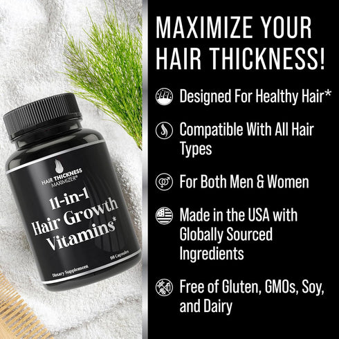 11-in-1 Vegan Hair Growth Vitamins for Thinning & Brittle Hair, Advanced Vitamin Complex with Biotin